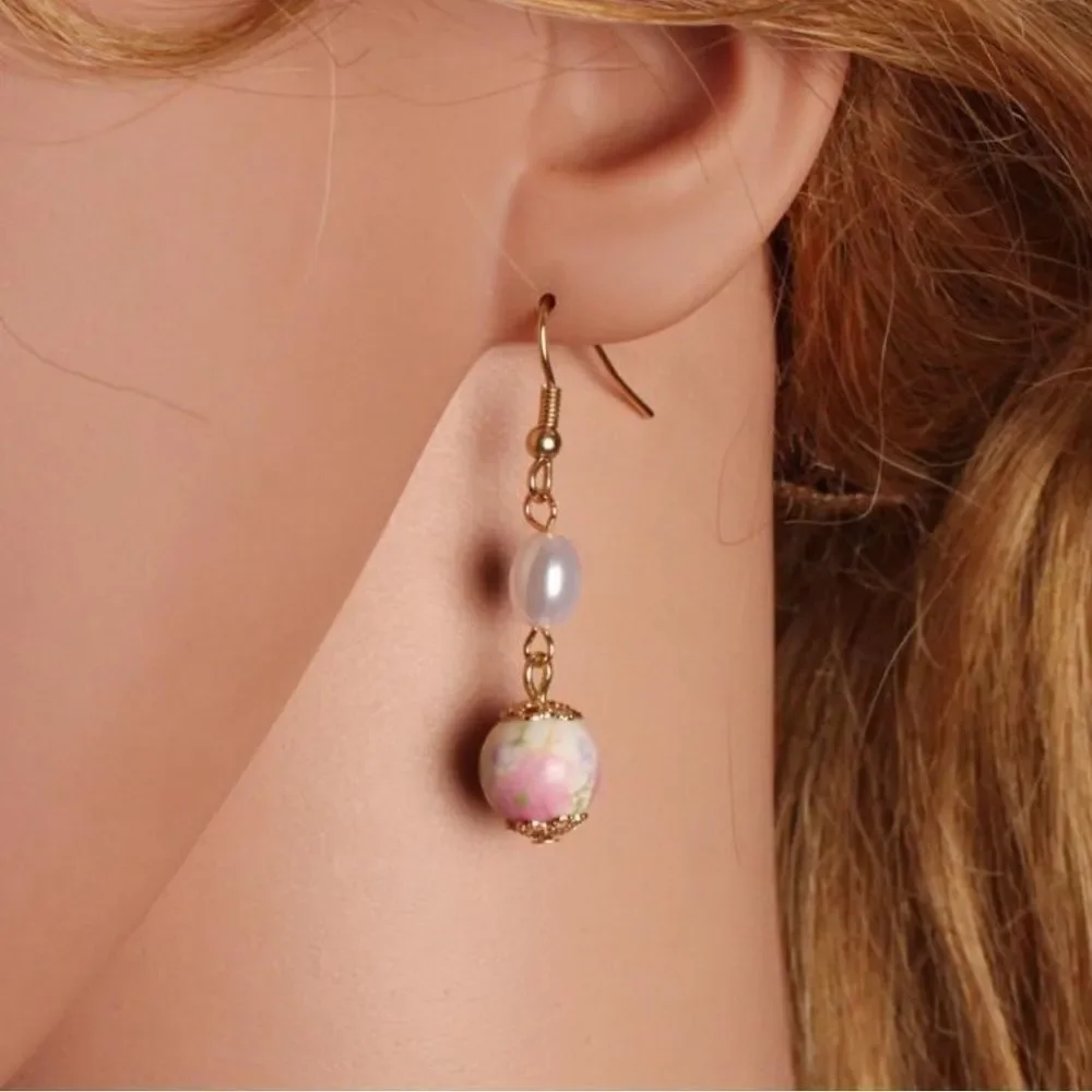 flower pearl drop earrings  H134
